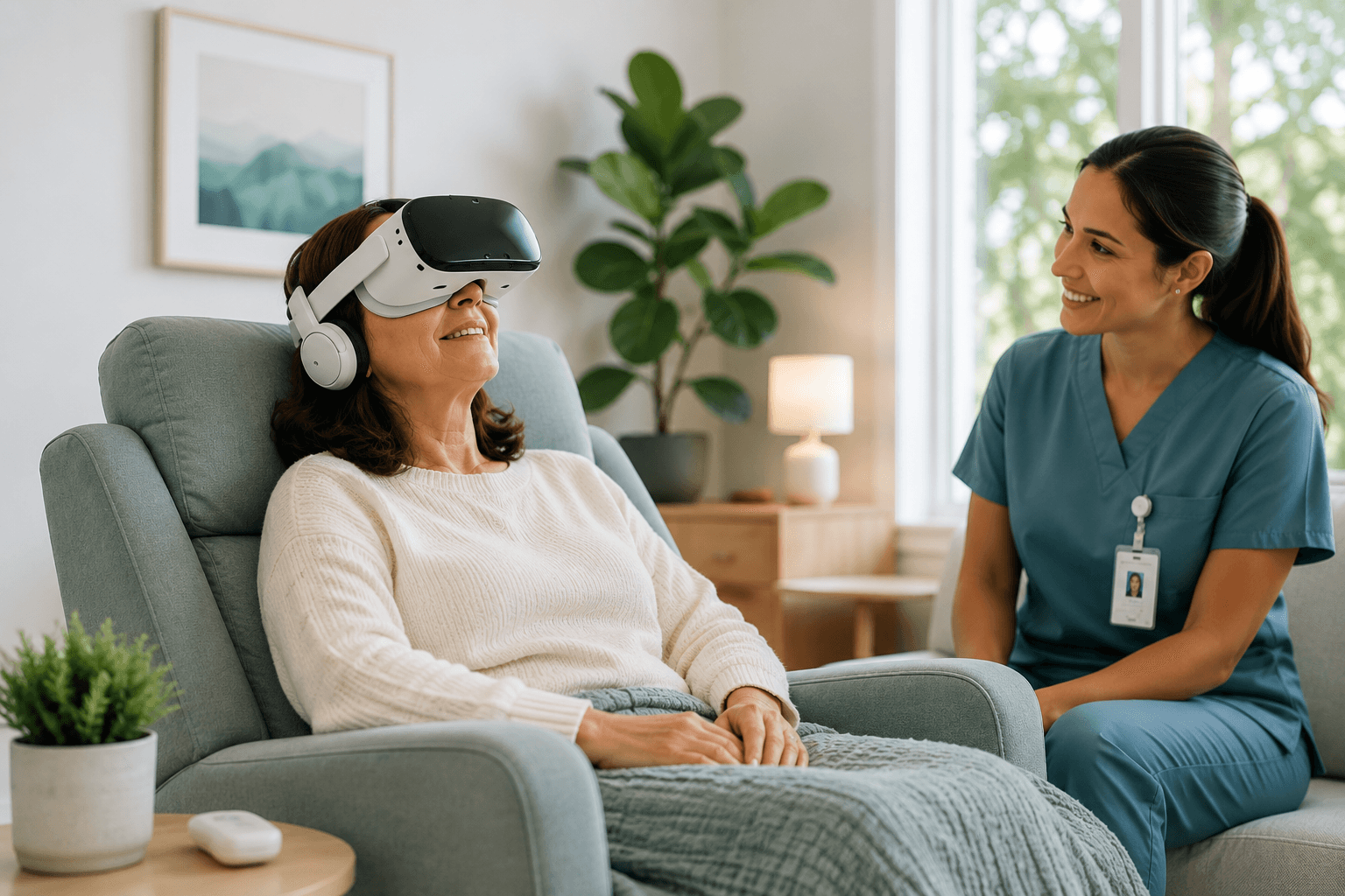 Patient using a VR headset while a clinician provides support
